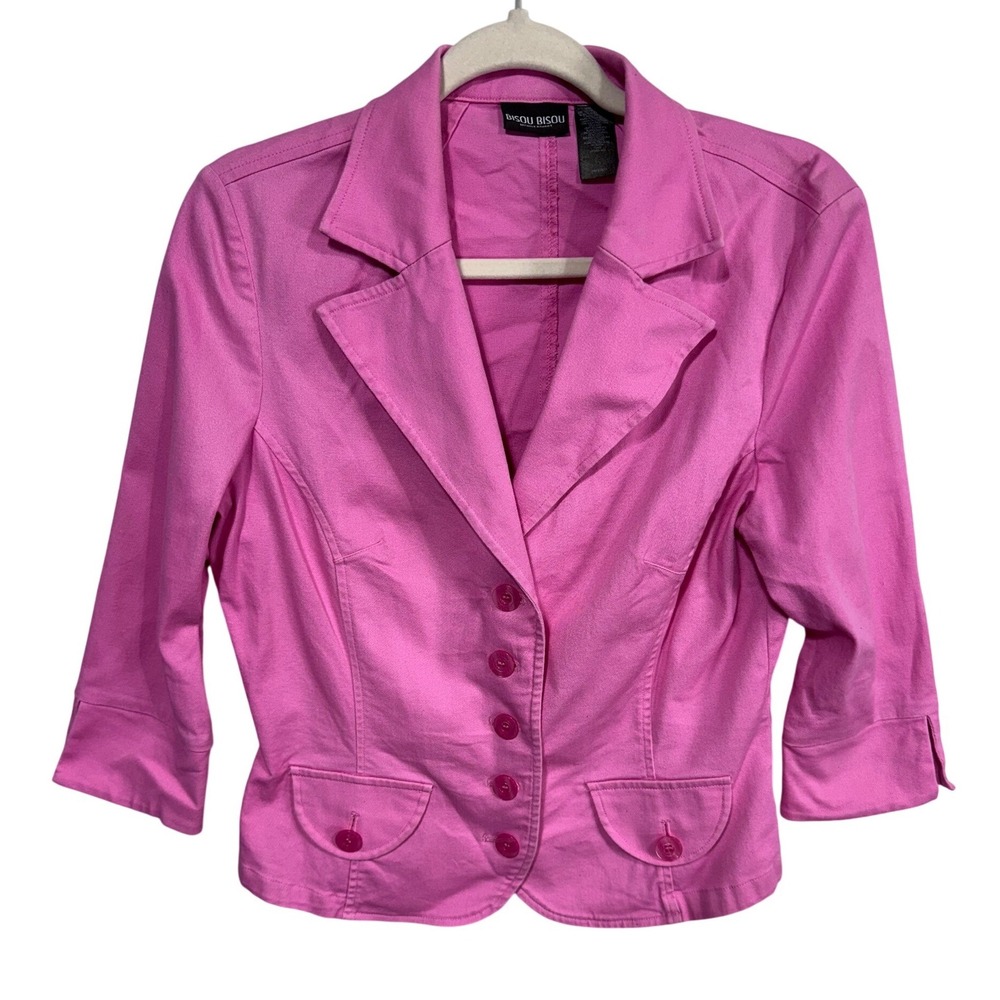 Bisou Bisou Pink Blazer Women's 3/4 Sleeve Cropped Button Up Professional Chic